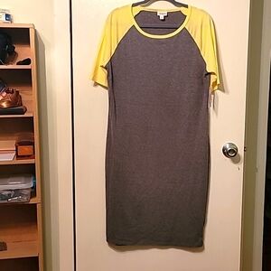 Lularoe Grey and Yellow Julia Shirt Dress with Baseball Style Sleeves - XL